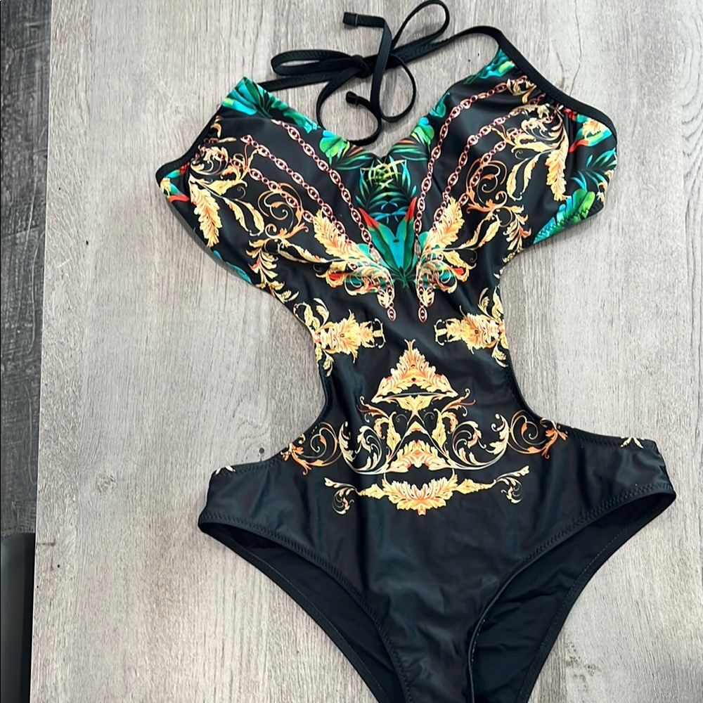 Tropical Black and Gold Kids One Piece Swimsuit